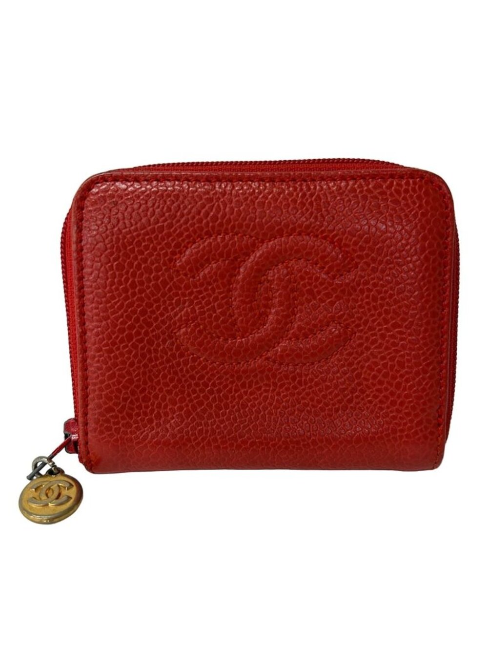 Chanel Coin Purse Red CC Logo Gold Zip Around